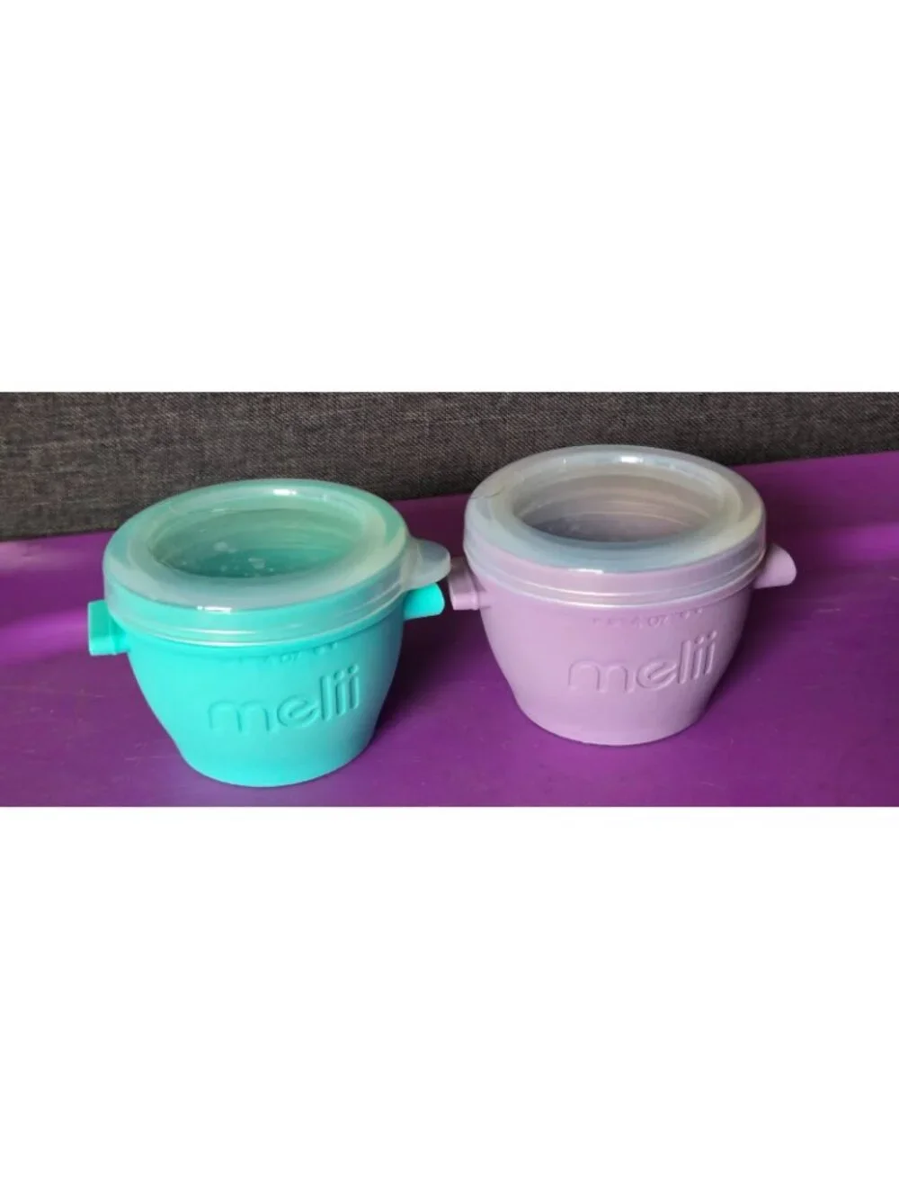 Melii Silicone Snack Containers 4oz w/ Lids Set of 2 Aqua Purple BPA Free